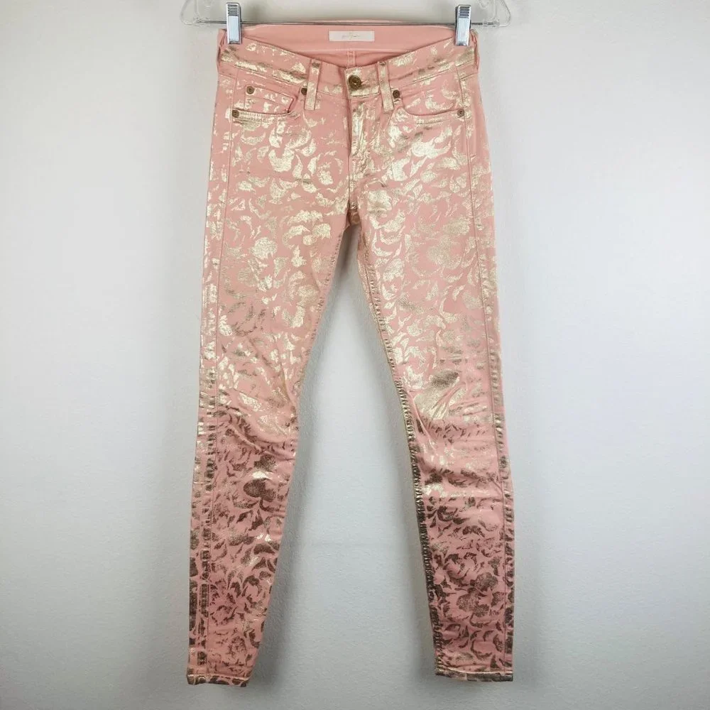Jeans 7For All Mankind Pink Gold Leopard Print Jeans Low Rise 24 Waist SkinnyLeg - Picture 2 of 8